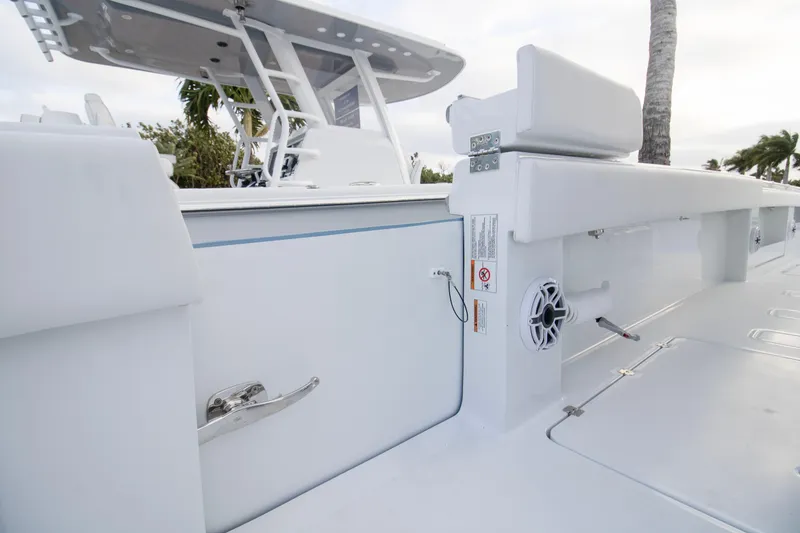 Slide: The Image of 2026 Invincible 38 Catamaran deck view with sleek design and modern features. - 21