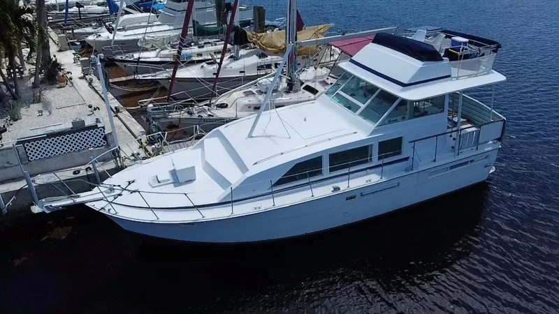 The Image of 1974 Bertram 42 Motor Yacht docked at marina, surrounded by other boats. - 0