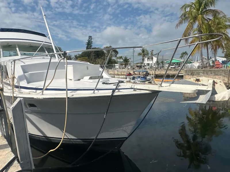 Slide: The Image of 1974 Bertram 42 Motor Yacht docked by palm trees under a blue sky. - 12