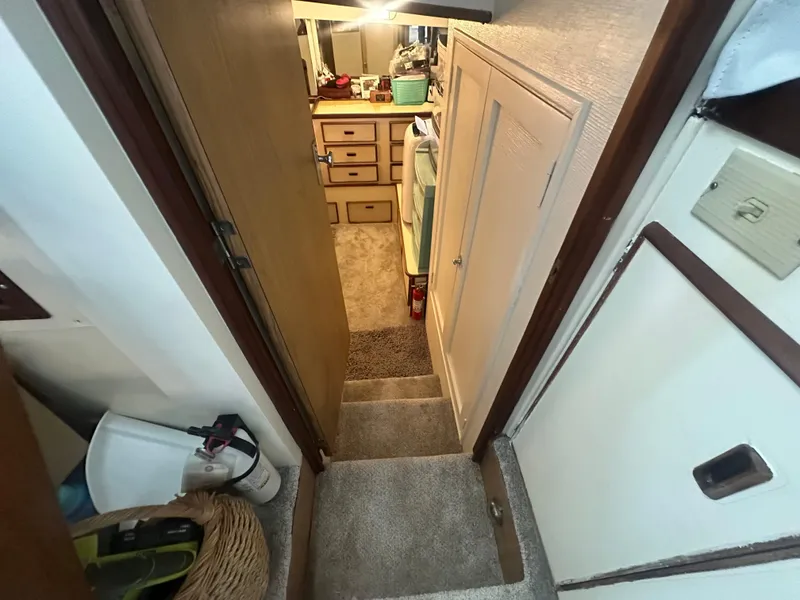 Slide: The Image of Interior view of a 1974 Bertram 42 Motor Yacht, featuring a narrow carpeted staircase. - 50