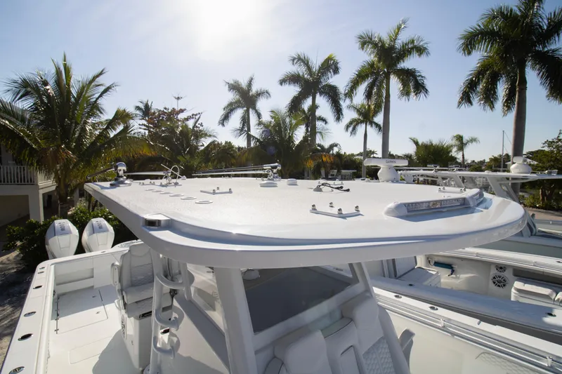 Slide: The Image of 2026 Invincible 36 Catamaran with palm trees in the background, showcasing sleek design. - 37