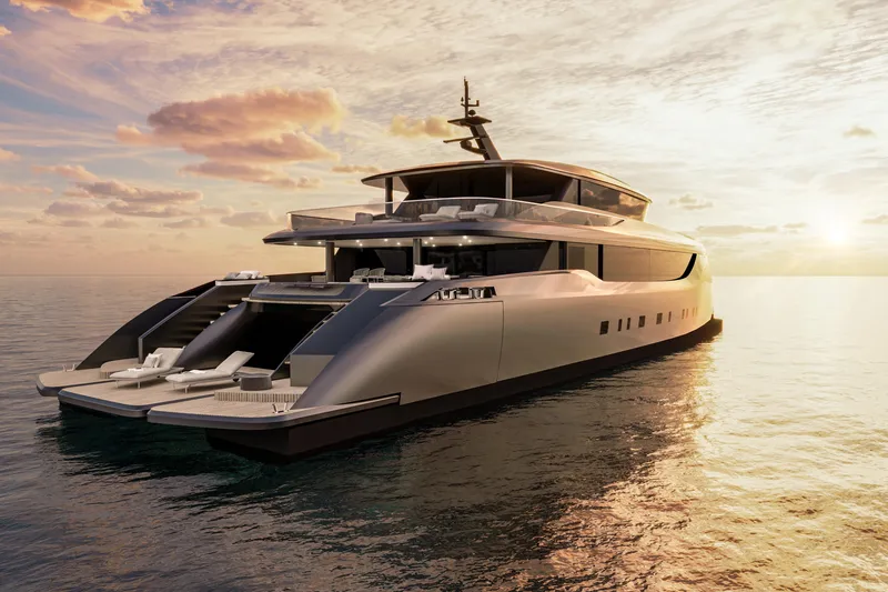 Slide: The Image of Luxurious 2026 Sunreef 40M Explorer ECO yacht at sunset on calm sea. - 5