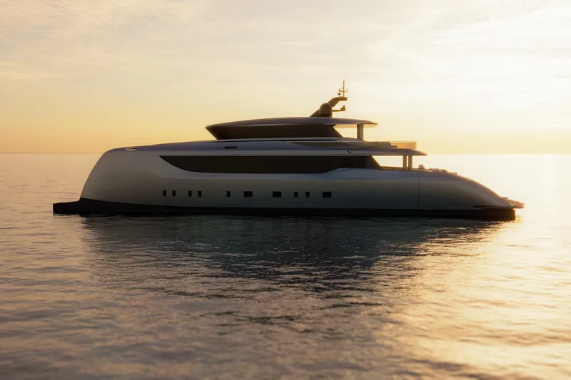 Slide: The Image of Luxurious 2026 Sunreef 40M Explorer ECO yacht at sunset on calm waters. - 8