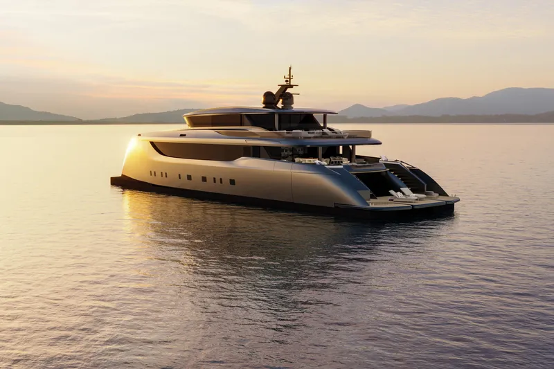 Slide: The Image of Luxurious 2026 Sunreef 40M Explorer ECO yacht at sunset on calm waters. - 9