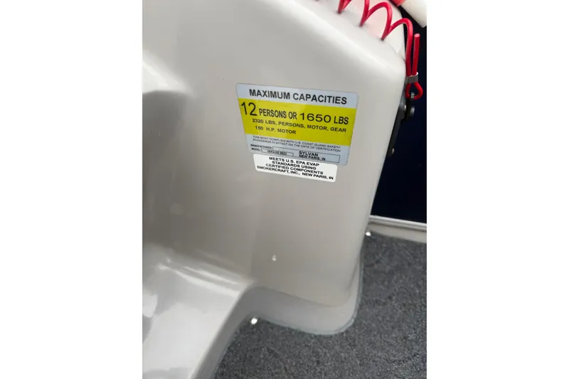 Slide: The Image of 2016 Sylvan Mirage Cruise 8522 LZ LE capacity label, 12 persons or 1650 lbs. - 14