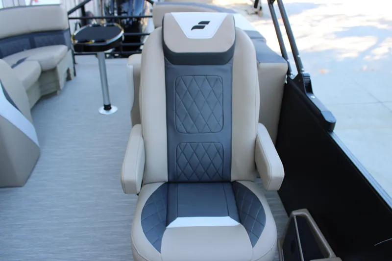 Slide: The Image of 2026 Starcraft SLS 3 boat seat with beige and gray quilted design. - 18