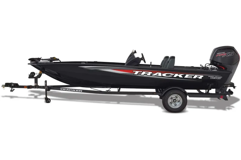 Slide: The Image of 2026 Tracker Pro Team 190 boat with Mercury Pro XS engine, parked outdoors. - 7