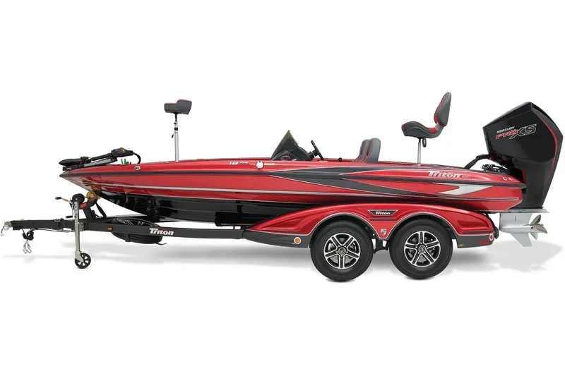 Slide: The Image of 2025 Triton 18 TrX boat at D&R Sports Center, parked on a trailer. - 1