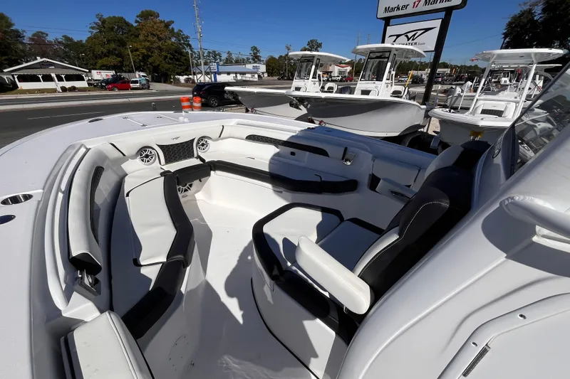 Slide: The Image of 2026 Tidewater 256 LXF boat interior with sleek seating and modern design. - 15