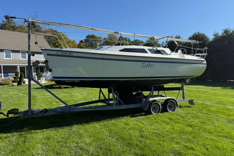 Slide: The Image of Catalina 250 MkII sailboat on trailer, grassy yard, sunny day, 2000 model. - 3