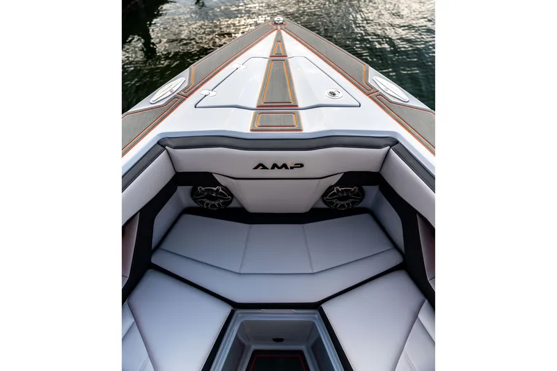 Slide: The Image of Luxury AMP 333 boat interior, 2026 model, featuring sleek seating and modern design. - 43
