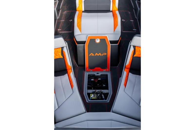 Slide: The Image of Interior of 2026 AMP 333 boat with orange and gray seating design. - 45