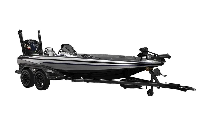 Slide: The Image of Manufacturer Provided Image: 2025 Skeeter FXR20 PRO bass boat on trailer, sleek design, dual motors, advanced fishing features. - 14