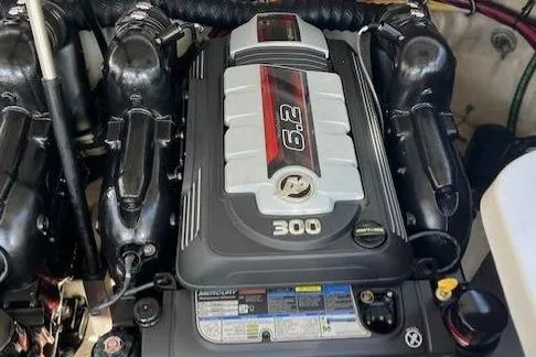 Slide: The Image of Engine of 2017 Monterey 328SS Super Sport boat, featuring a 6.2L 300 horsepower motor. - 19