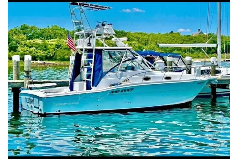 Slide: The Image of 2005 Pro-Line 33 Express boat docked in a scenic marina setting. - 17