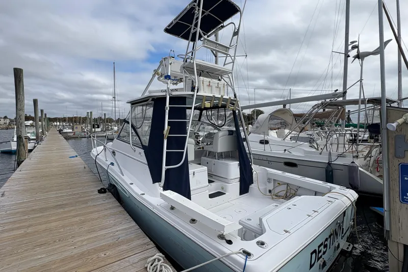 Slide: The Image of 2005 Pro-Line 33 Express boat docked at a marina under cloudy skies. - 3