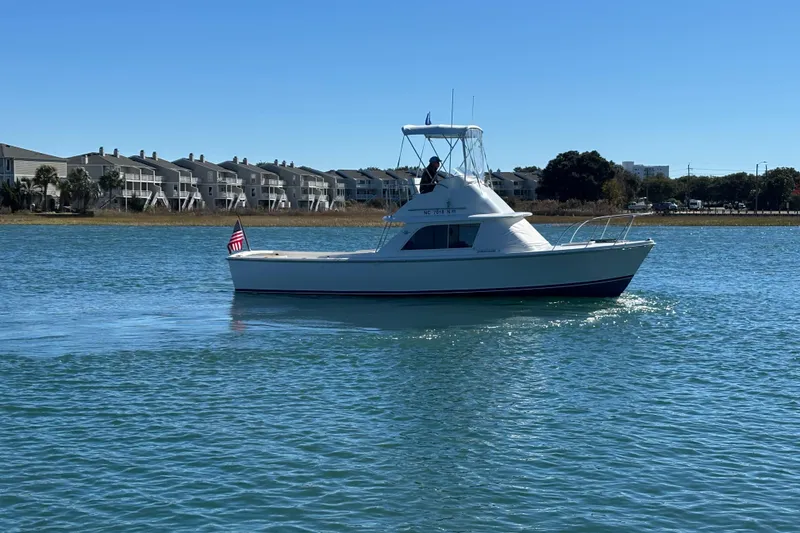 Slide: The Image of 1970 Bertram 31 Flybridge Cruiser on calm water, with buildings in the background. - 15