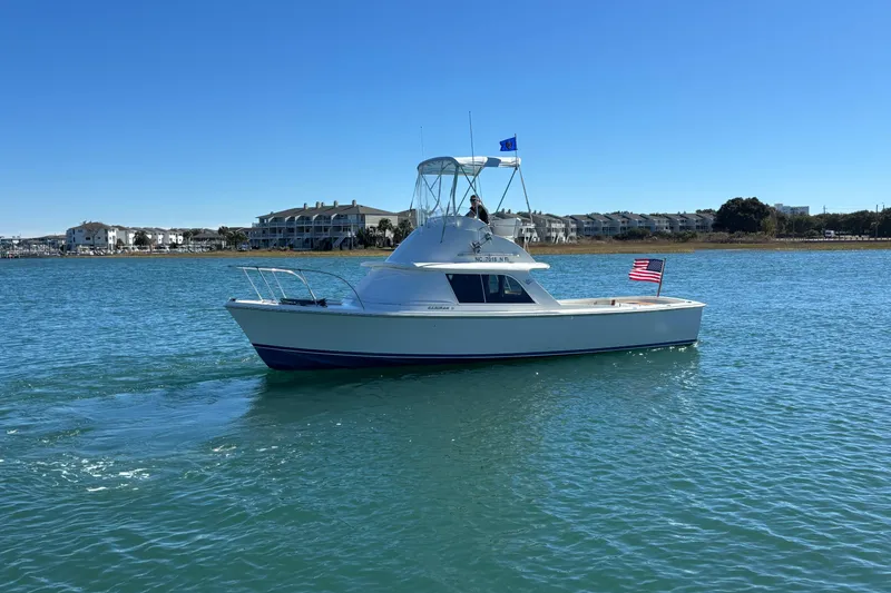 Slide: The Image of 1970 Bertram 31 Flybridge Cruiser on calm water, American flag waving. - 16