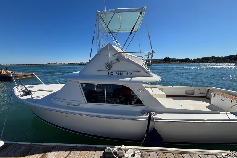 Slide: The Image of 1970 Bertram 31 Flybridge Cruiser docked by the water on a sunny day. - 21
