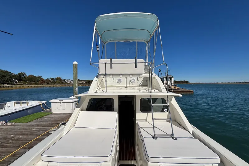 Slide: The Image of 1970 Bertram 31 Flybridge Cruiser docked by the water on a clear day. - 34