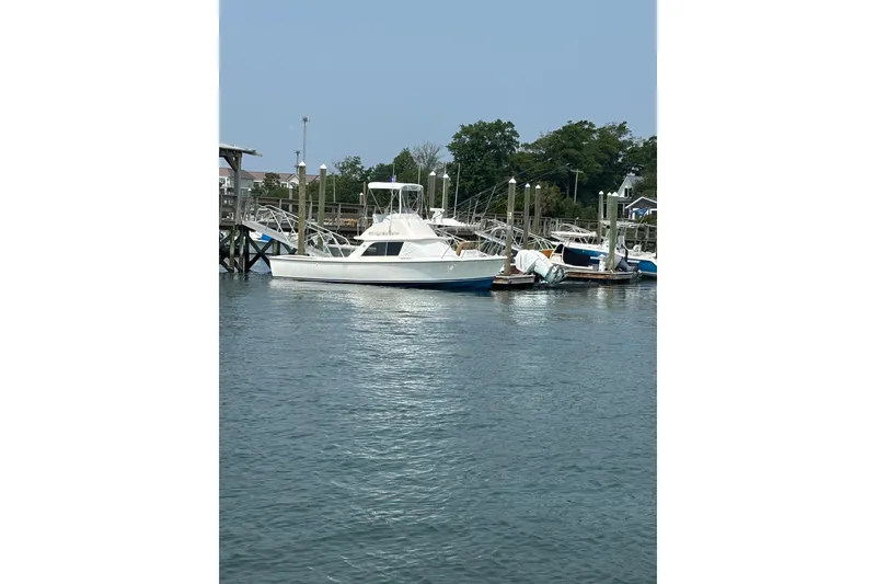 Slide: The Image of 1970 Bertram 31 Flybridge Cruiser docked at a marina, calm water, clear sky. - 44