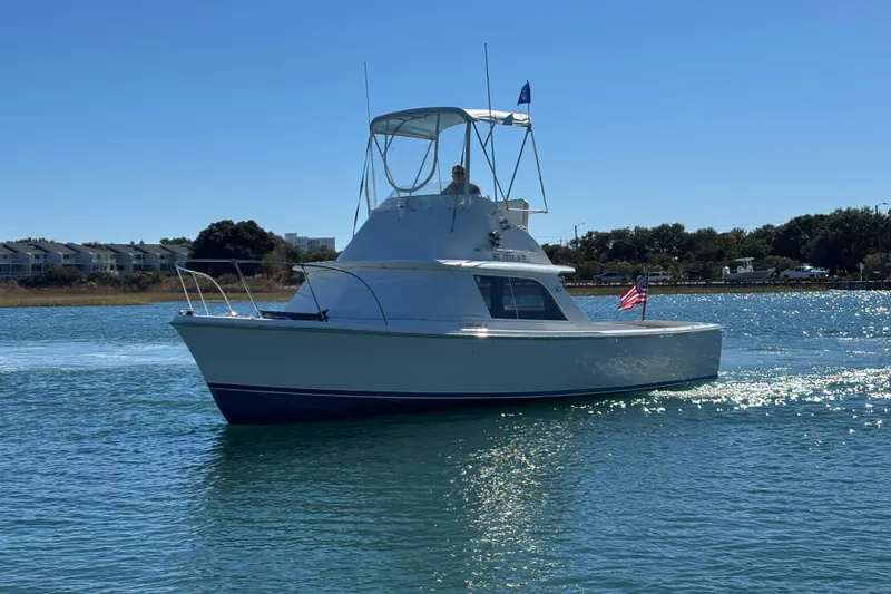 Slide: The Image of 1970 Bertram 31 Flybridge Cruiser on water near waterfront homes. - 5