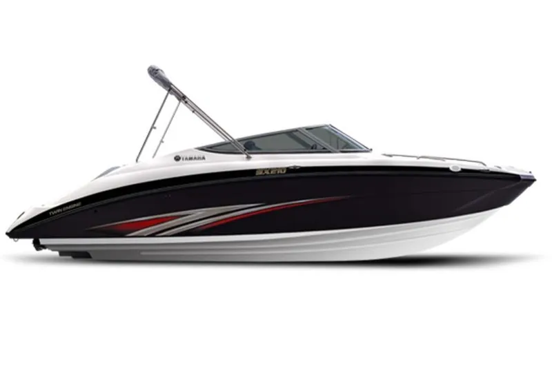 Slide: The Image of 2015 Yamaha Boats SX210, sleek black and white design, side view. - 7