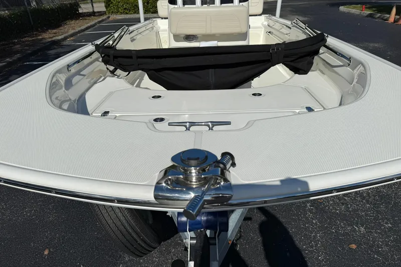 Slide: The Image of 2025 Boston Whaler 170 Montauk boat bow, featuring sleek design and modern fittings. - 54
