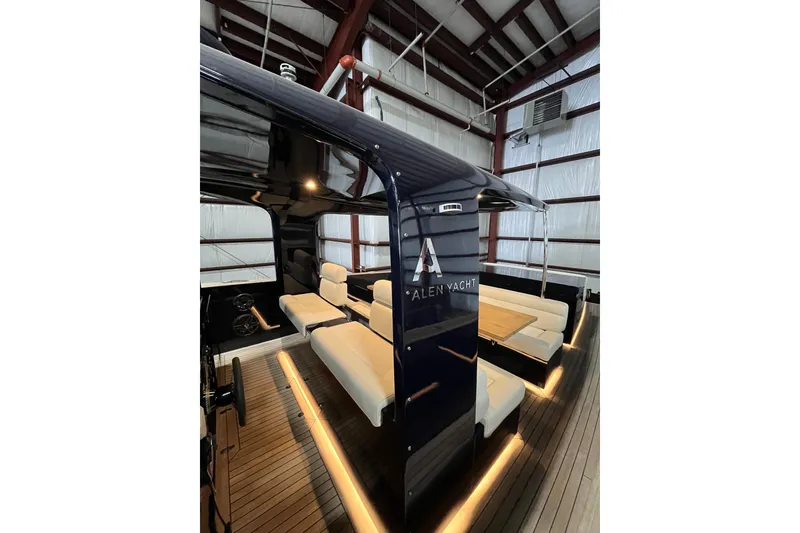Slide: The Image of Luxurious 2018 Alen 45 yacht interior with elegant seating and ambient lighting. - 16