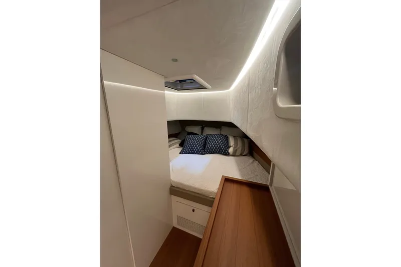 Slide: The Image of Luxurious cabin interior of 2018 Alen 45 yacht with modern design and cozy bedding. - 31