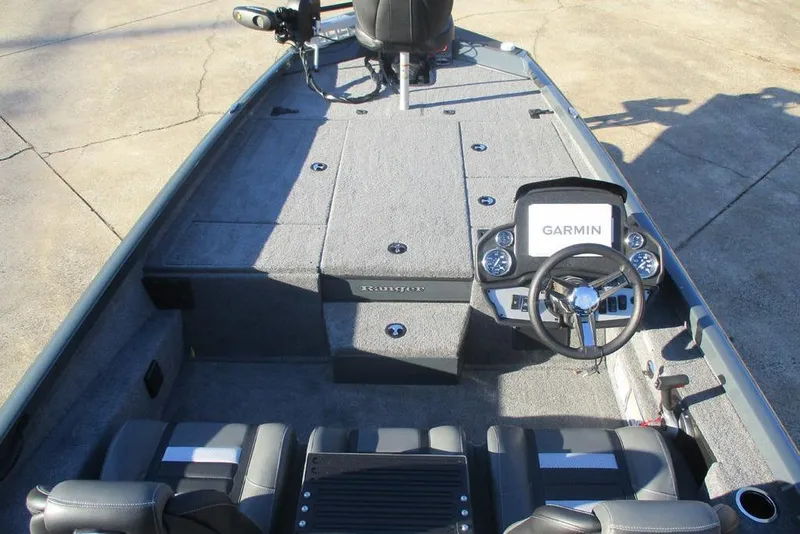 Slide: The Image of 2026 Ranger RT188P boat interior with Garmin navigation system and seating. - 8