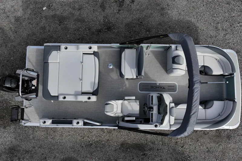 Slide: The Image of 2026 Tahoe Pontoon LTZ Entertainer, aerial view, spacious seating, modern design. - 1
