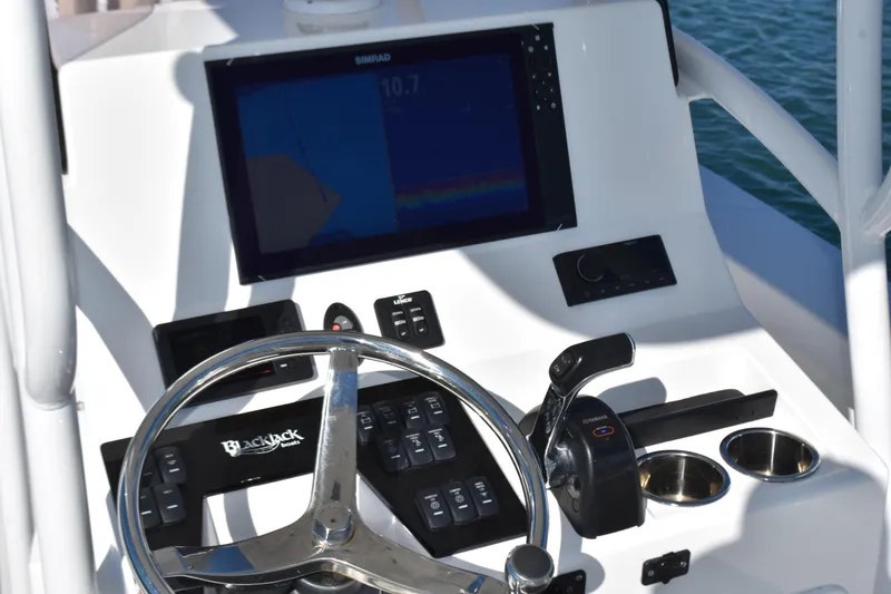 Slide: The Image of 2020 BlackJack 256 Coastal boat dashboard with steering wheel and navigation display. - 17