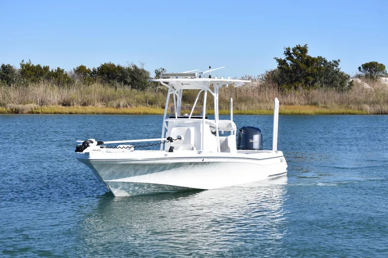 Slide: The Image of 2020 BlackJack 256 Coastal boat cruising on a calm lake with trees in the background. - 2