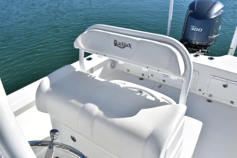 Slide: The Image of 2020 BlackJack 256 Coastal boat with Yamaha 300 engine, featuring white seating. - 21