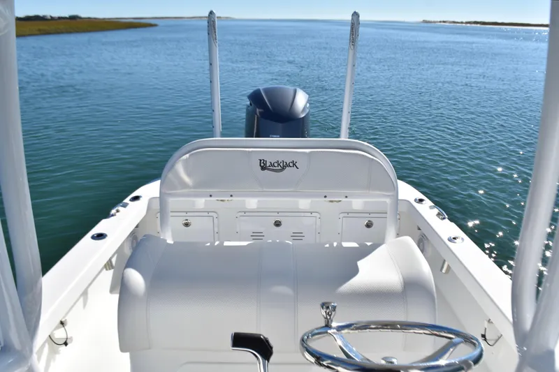 Slide: The Image of 2020 BlackJack 256 Coastal boat on calm water, featuring sleek white seating and steering wheel. - 22