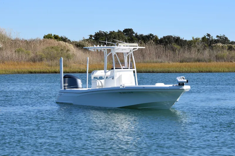 Slide: The Image of 2020 BlackJack 256 Coastal boat on calm water, surrounded by reeds and trees. - 3