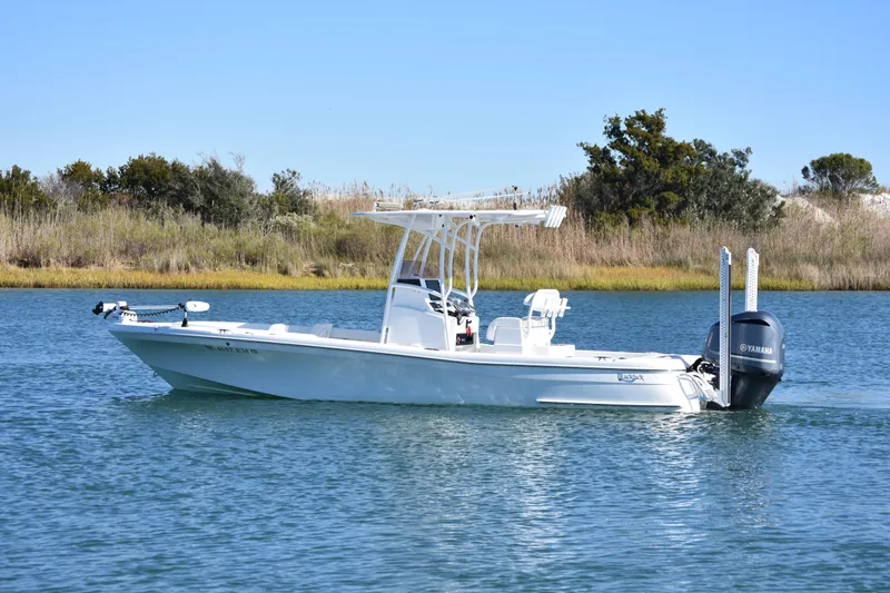 Slide: The Image of 2020 BlackJack 256 Coastal boat on calm water with Yamaha engine, near grassy shoreline. - 7