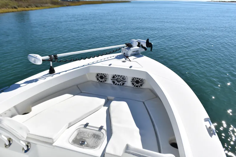 Slide: The Image of 2020 BlackJack 256 Coastal boat bow with seating and trolling motor on calm water. - 8