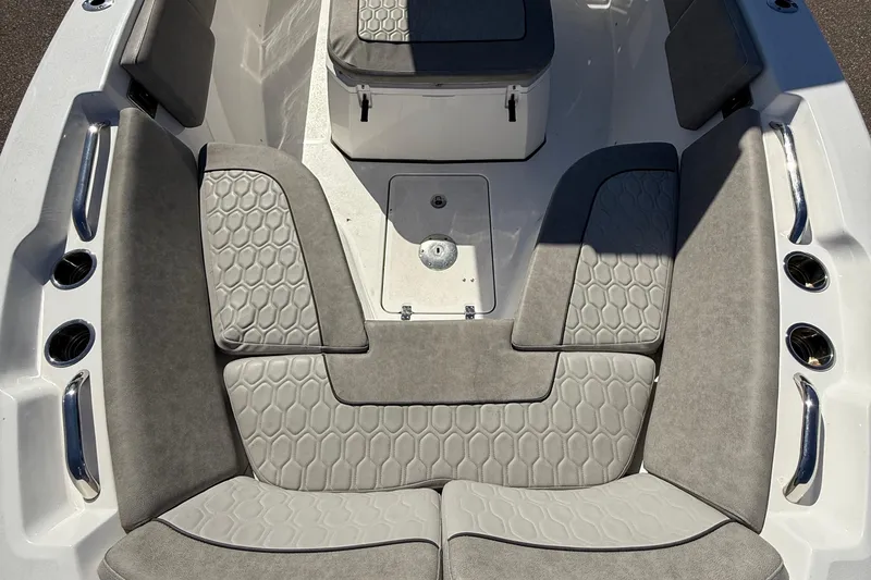 Slide: The Image of 2021 Sea Fox 268 Commander boat interior with cushioned seating and storage. - 14