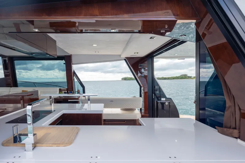 Slide: The Image of Luxurious interior of 2020 Galeon 500 Fly yacht with ocean view. - 36