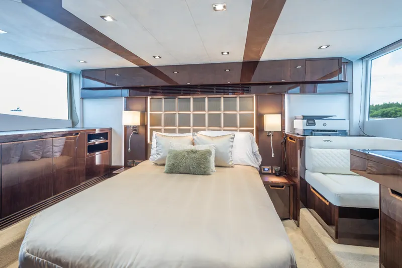 Slide: The Image of Luxurious bedroom interior of 2020 Galeon 500 Fly yacht with modern design and elegant furnishings. - 45