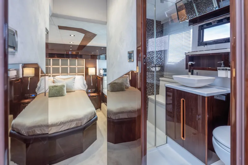 Slide: The Image of Luxurious interior of 2020 Galeon 500 Fly yacht with bedroom and modern bathroom. - 52