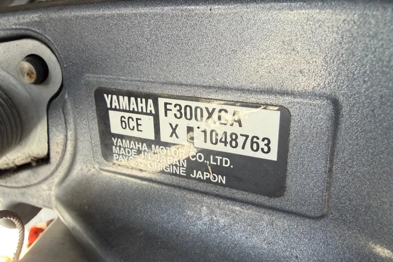 Slide: The Image of Yamaha F300XCA engine label on 2018 Sea Hunt Gamefish 30 Coffin Box boat. - 84