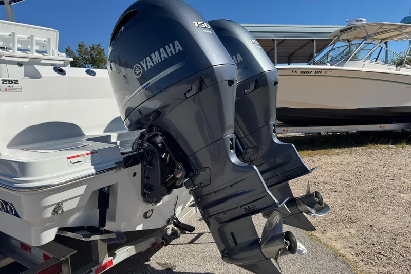 Slide: The Image of 2021 Blackfin 252 CC boat with dual Yamaha outboard motors. - 42
