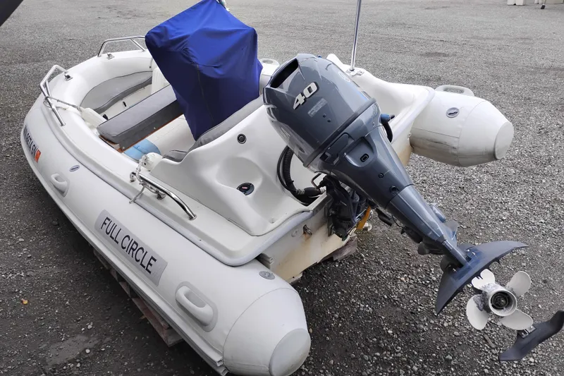 Slide: The Image of Inflatable boat with outboard motor on gravel, labeled "Full Circle." - 93