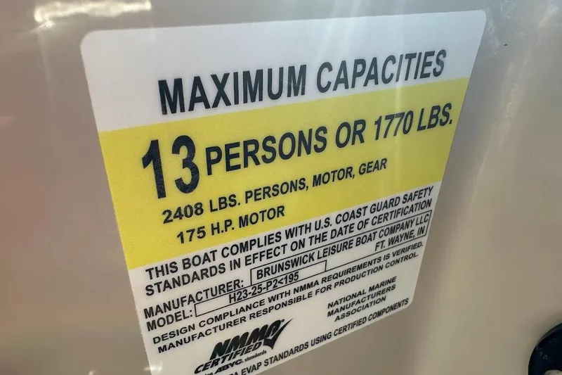 Slide: The Image of 2023 Harris Cruiser 230 capacity label: 13 persons, 1770 lbs, 175 HP motor. - 22