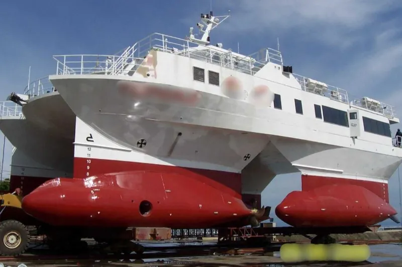 Slide: The Image of FBMA Philippines 2006 SWATH Slice Crew Transport Vessel on dry dock, red and white hull. - 2