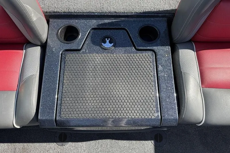 Slide: The Image of 2018 Ranger RT198P boat interior with gray and red seating, spacious deck layout. - 16