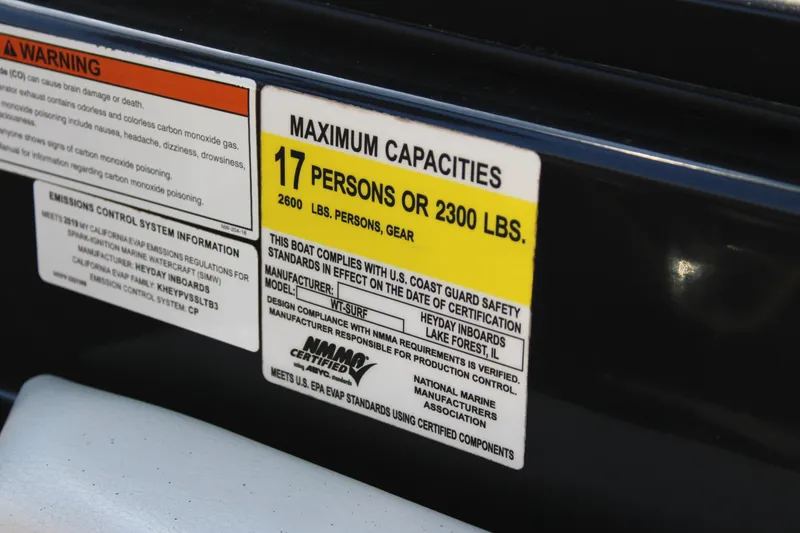 Slide: The Image of 2019 Heyday WTSurf capacity label: 17 persons or 2300 lbs, US Coast Guard compliant. - 28